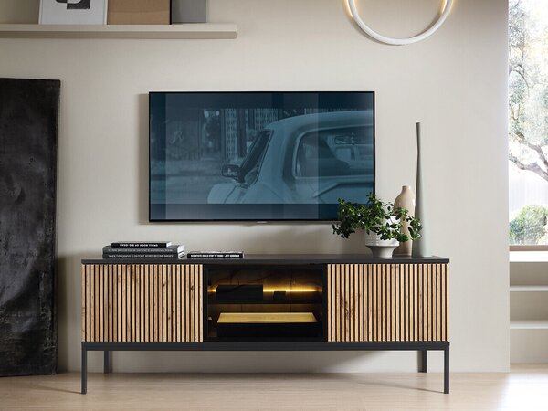 Comodă TV Manal, Negru, Stejar Wotan, PAL laminat, 56x154x39cm, 31.8 kg