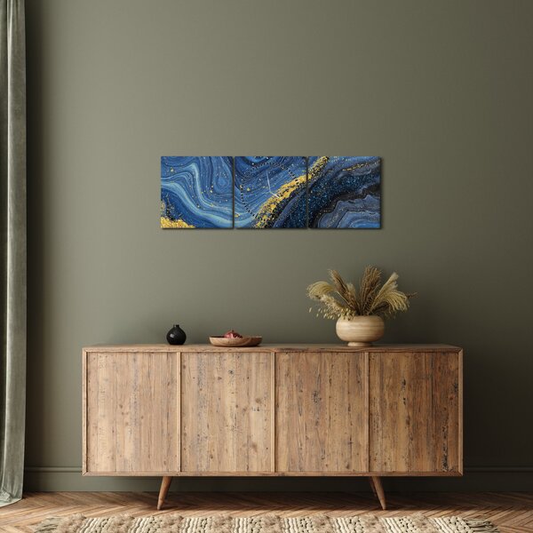 Tablou - Abstracție albastru-aurie (cu ceas) (90x30 cm)