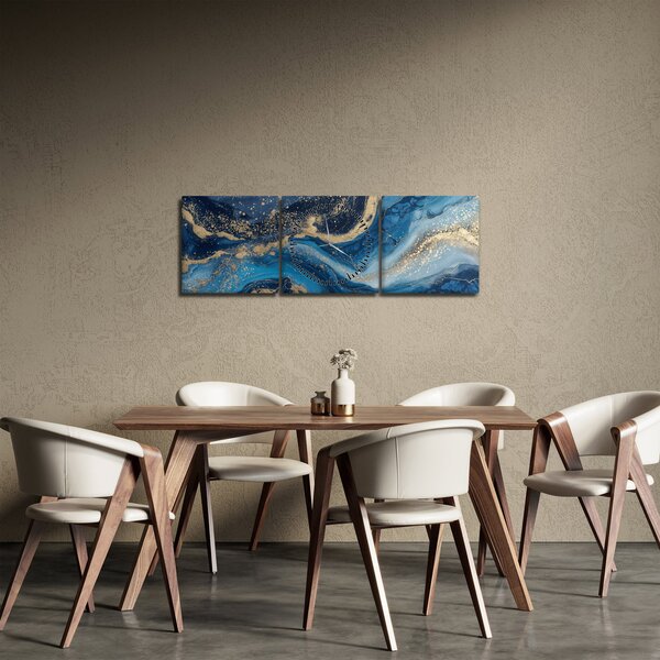 Tablou - Marmură abstractă albastru-aurie (cu ceas) (90x30 cm)