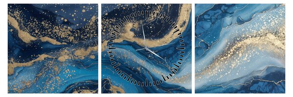 Tablou - Marmură abstractă albastru-aurie (cu ceas) (90x30 cm)