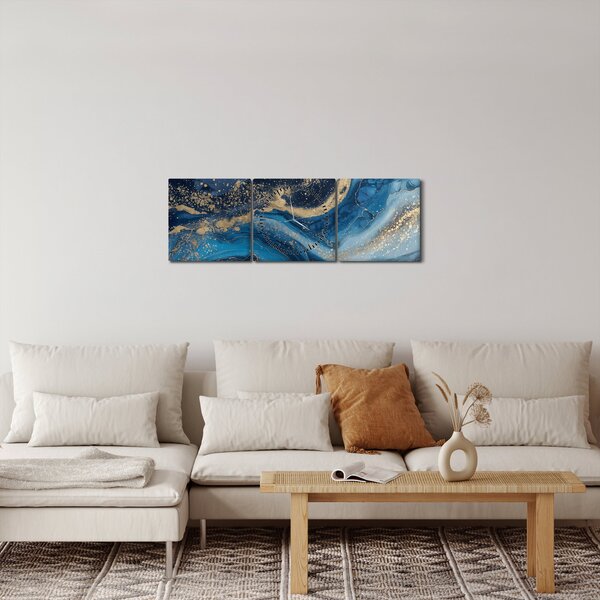 Tablou - Marmură abstractă albastru-aurie (cu ceas) (90x30 cm)