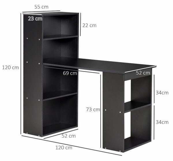 Birou Modern pentru Acasa cu Rafturi de Depozitare pe 6 Niveluri, Masa de Scris cu Raft pentru Carti, Negru HOMCOM | Aosom Romania