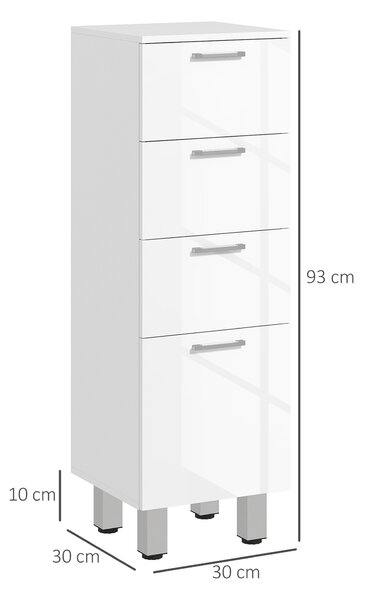 Kleankin Dulap de Baie, Unitate de Depozitare pentru Baie cu Luciu Inalt, cu 4 Sertare, Alb | Aosom Romania