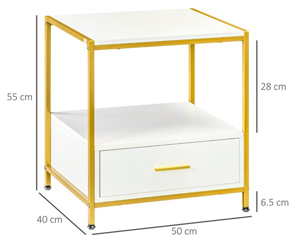 Set de 2 Masute Noptiere Moderne, Noptiere cu Sertar si Raft, Organizatoare de Depozitare, Alb si Auriu 50x40x55cm HOMCOM | Aosom Romania