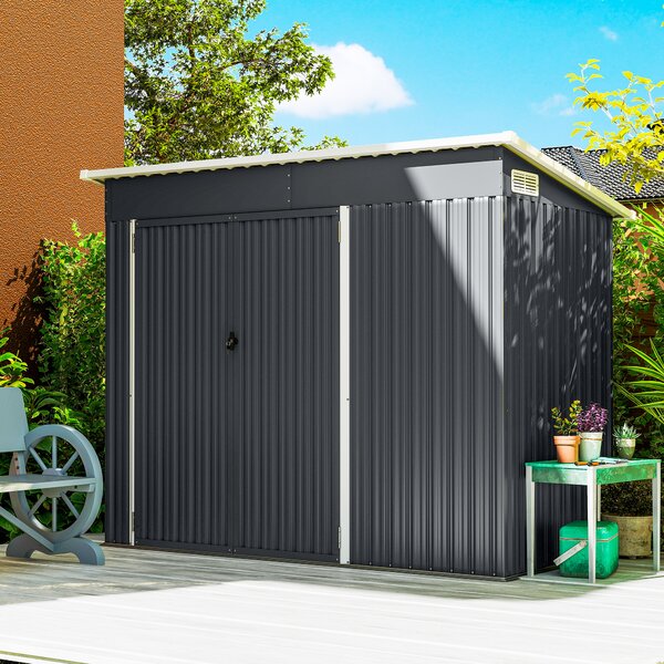 Outsunny Șopron de Grădină 2.68m² din Oțel Galvanizat cu 3 Uși Blocabile, Șopron cu Guri de Aerisire, Acoperiș Înclinat și Mănuși, Depozitare Unelte, 234x132x185 cm, Gri Închis | Aosom Romania