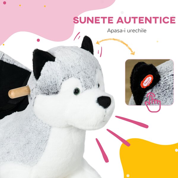 HOMCOM Balansoar Husky din Lemn pentru Copii, Animal de Pluș Gri, 60x33x50cm | Aosom Romania