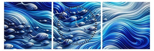 Tablou – Pești în valuri (cu ceas) (90x30 cm)