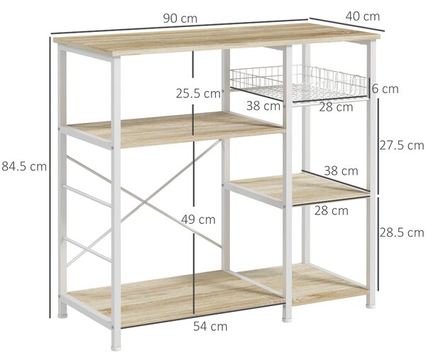 Raft de Bucatarie Cuptor cu Microunde, Dulap de Bucatarie cu 4 Rafturi cu Carlige si Cos Plasa, Lemn si Otel 90x40x84.5cm HOMCOM | Aosom RO
