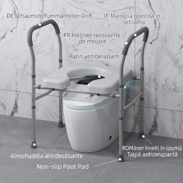 HOMCOM Scaun cu Vas de Toaletă pentru Vârstnici, Scaun de Toaletă Multifuncțional 4-În-1 cu Înălțime Reglabilă, 64x53x70-82 cm, Gri | Aosom Romania
