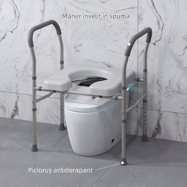 HOMCOM Scaun cu Vas de Toaletă pentru Vârstnici, Scaun de Toaletă Multifuncțional 4-În-1 cu Înălțime Reglabilă, 64x53x70-82 cm, Gri | Aosom Romania