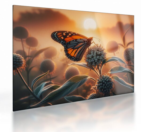 Tablou pe sticlă – Fluture în soare apunând (70x50 cm)