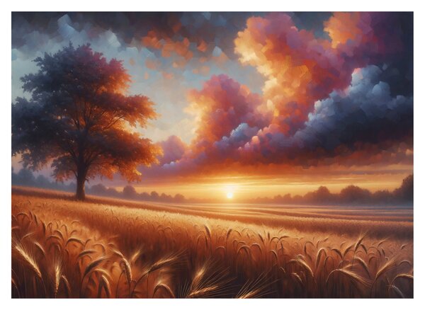 Tablou pe sticlă – Apus de soare pe câmp (70x50 cm)