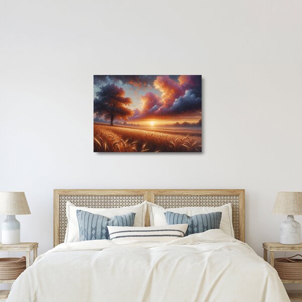 Tablou pe sticlă – Apus de soare pe câmp (70x50 cm)