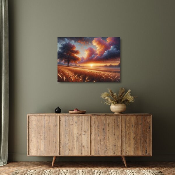 Tablou pe sticlă – Apus de soare pe câmp (70x50 cm)