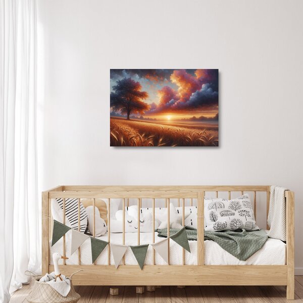 Tablou pe sticlă – Apus de soare pe câmp (70x50 cm)