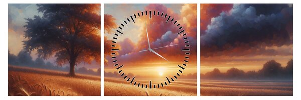 Tablou – Apus de soare pe câmp (cu ceas) (90x30 cm)