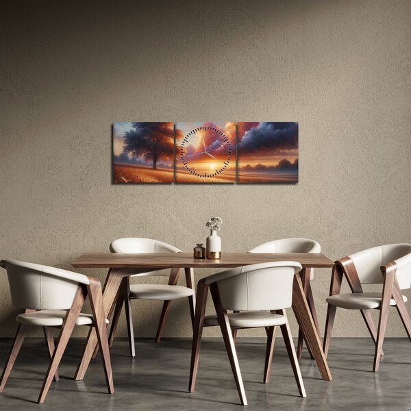 Tablou – Apus de soare pe câmp (cu ceas) (90x30 cm)
