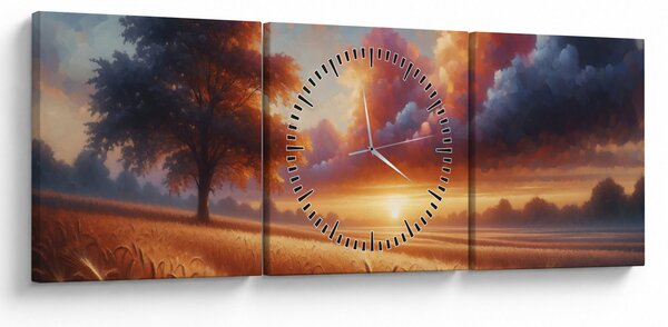Tablou – Apus de soare pe câmp (cu ceas) (90x30 cm)