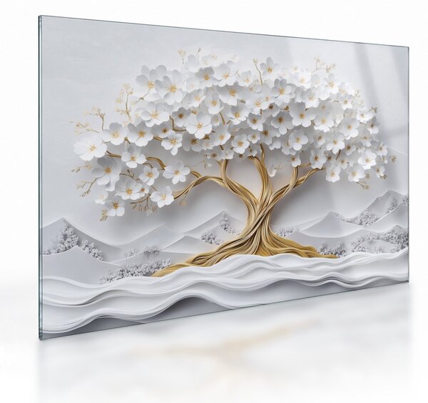 Tablou pe sticlă – Arborele vieții 3D plin de flori (70x50 cm)