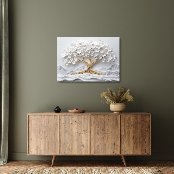 Tablou pe sticlă – Arborele vieții 3D plin de flori (70x50 cm)
