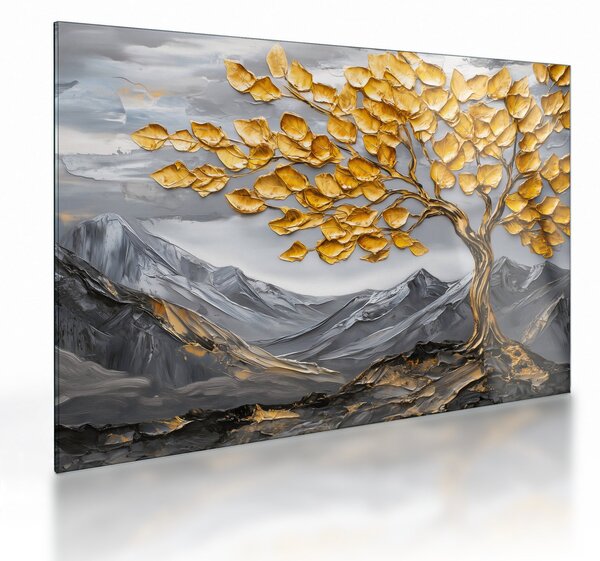Tablou pe sticlă – Arbore cu frunze aurii (70x50 cm)