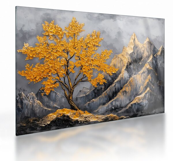 Tablou pe sticlă – Arbore auriu în munți (70x50 cm)