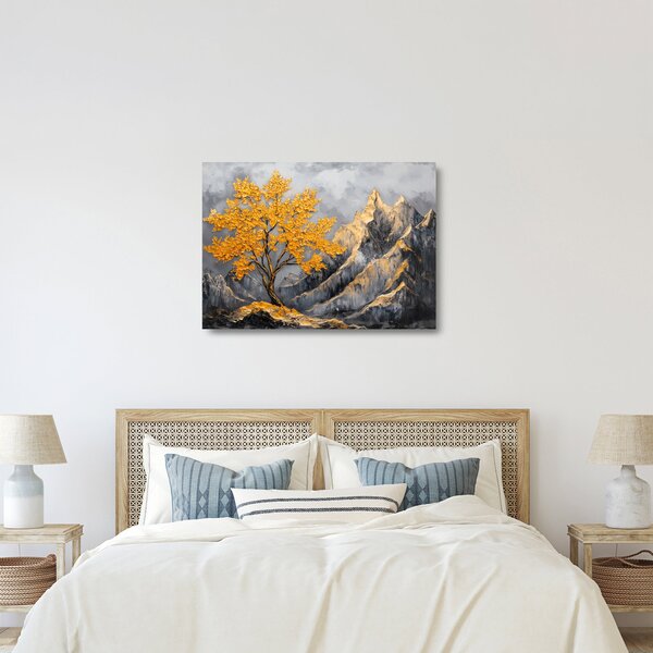 Tablou pe sticlă – Arbore auriu în munți (70x50 cm)