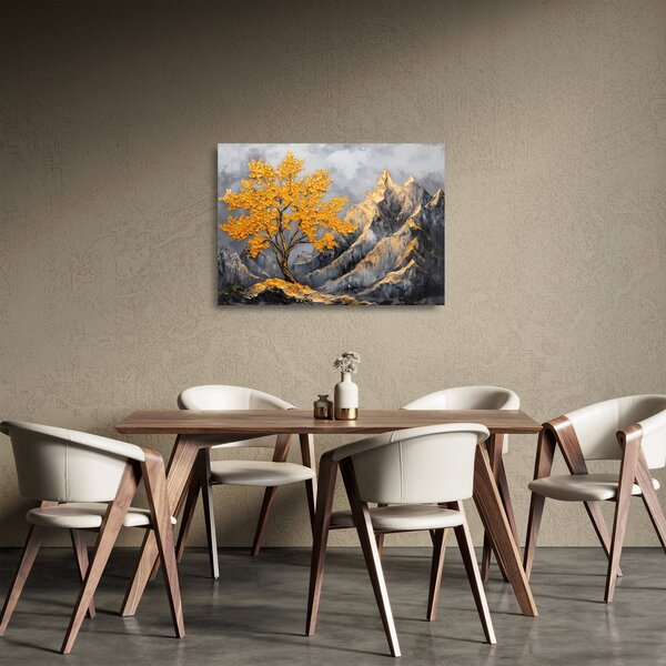 Tablou pe sticlă – Arbore auriu în munți (70x50 cm)