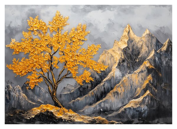 Tablou pe sticlă – Arbore auriu în munți (70x50 cm)