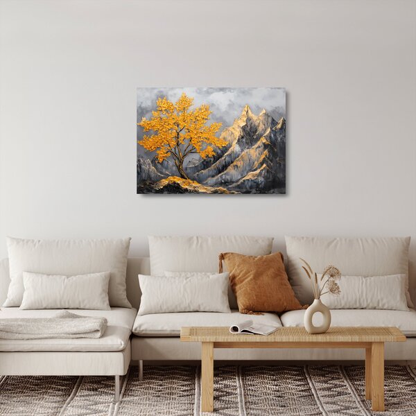 Tablou pe sticlă – Arbore auriu în munți (70x50 cm)