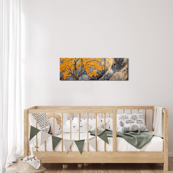 Tablou – Arbore auriu în munți (cu ceas) (90x30 cm)