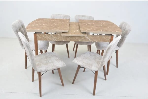 Set masa extensibila cu 6 scaune tapitate Homs marmura/bej 170 x 80 cm picioare lemn  