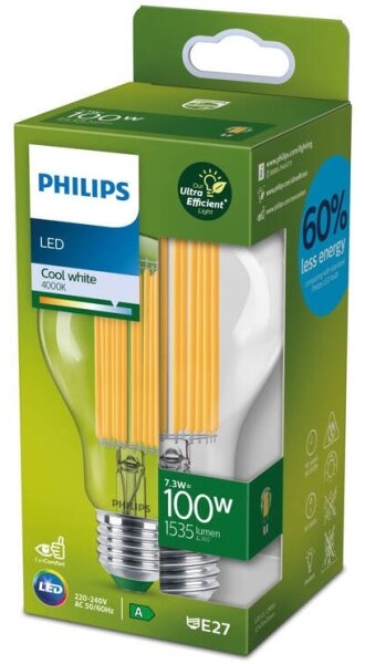 Bec LED Philips ULTRAEFFICIENT FILAMENT A60 E27, 7,3 W, 230 V, 4000 K