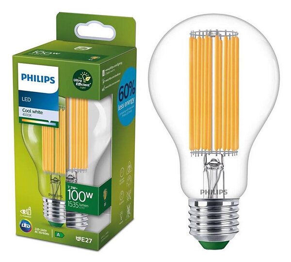 Bec LED Philips ULTRAEFFICIENT FILAMENT A60 E27, 7,3 W, 230 V, 4000 K