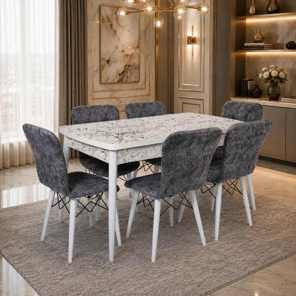 Set masa extensibila cu 6 scaune tapitate Homs cristal bej-gri-picior-alb-170 x 80 cm