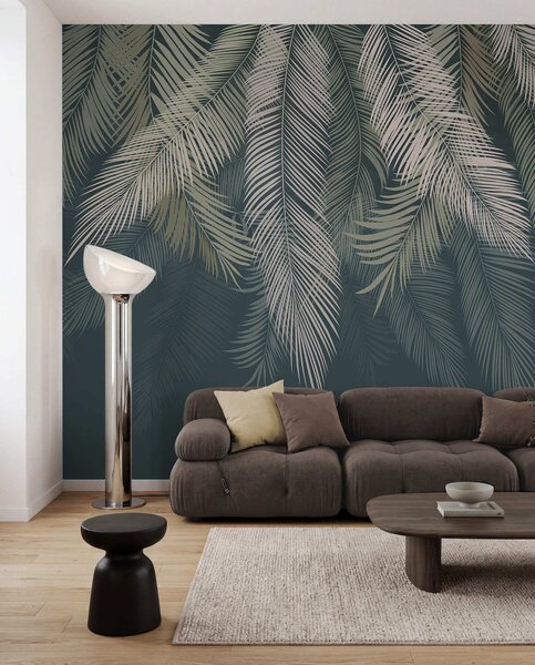 Tapet Frunze de palmier pe un fundal verde închis, Fototapet pădure, Fototapet Tropics, u48556v2 : Uwalls.ro