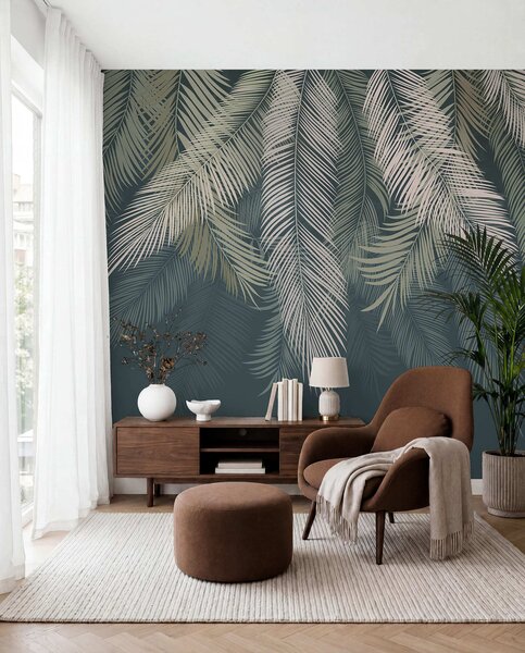 Tapet Frunze de palmier pe un fundal verde închis, Fototapet pădure, Fototapet Tropics, u48556v2 : Uwalls.ro