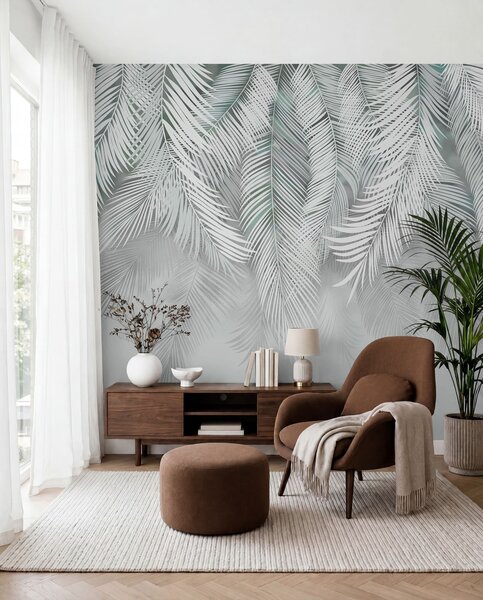 Tapet Frunze tropicale cu umbre de mentă, Fototapet pădure, Fototapet Tropics, u48556v3 : Uwalls.ro