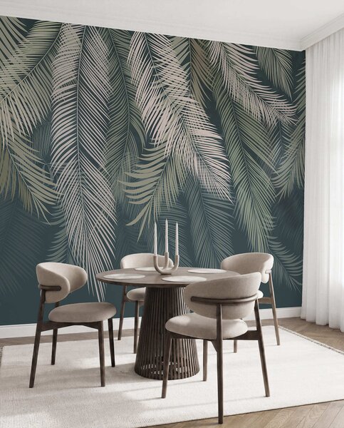 Tapet Frunze de palmier pe un fundal verde închis, Fototapet pădure, Fototapet Tropics, u48556v2 : Uwalls.ro