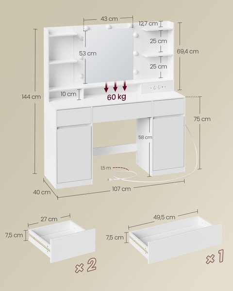 Masa de toaleta si machiaj V2 Vasagle Alb 107x40x144 cm