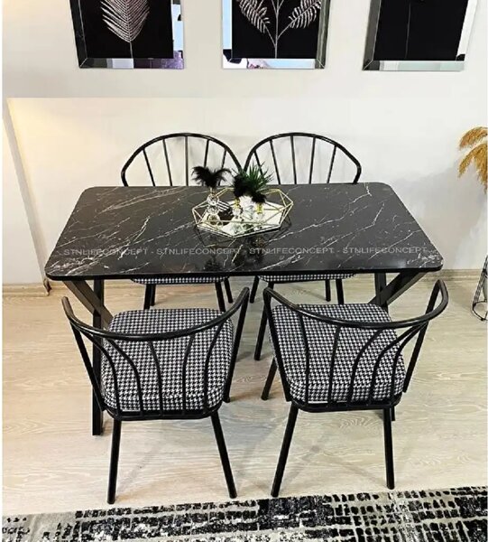 Set masa cu 4 scaune metal, Amsterdam Homs,negru marmurat/negru 70 x 110 cm