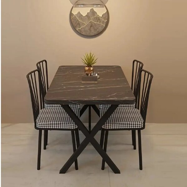 Set masa cu 4 scaune metal, Amsterdam Homs,negru marmurat/negru 70 x 110 cm