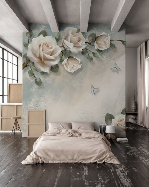 Tapet O ramură de trandafir crem, Fototapet Flori, Fototapet Trandafiri, u31353d1 : Uwalls.ro