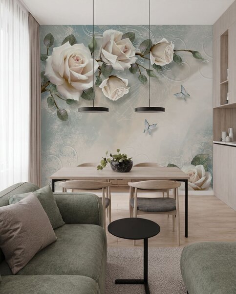 Tapet O ramură de trandafir crem, Fototapet Flori, Fototapet Trandafiri, u31353d1 : Uwalls.ro