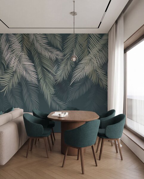 Tapet Frunze de palmier pe un fundal verde închis, Fototapet pădure, Fototapet Tropics, u48556v2d2 : Uwalls.ro