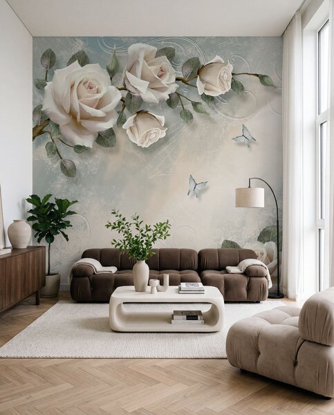 Tapet O ramură de trandafir crem, Fototapet Flori, Fototapet Trandafiri, u31353d1 : Uwalls.ro