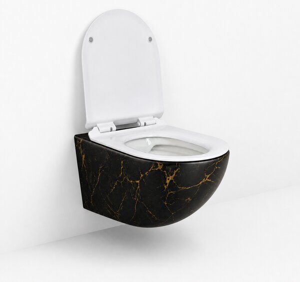 Vas WC suspendat negru cu finisaj marmorat auriu, capac duroplast soft-close