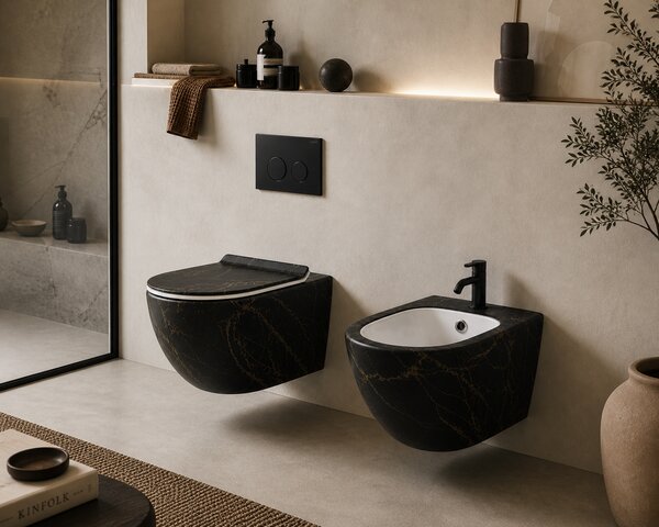 Vas WC suspendat negru cu finisaj marmorat auriu, capac duroplast soft-close