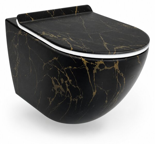 Vas WC suspendat negru cu finisaj marmorat auriu, capac duroplast soft-close