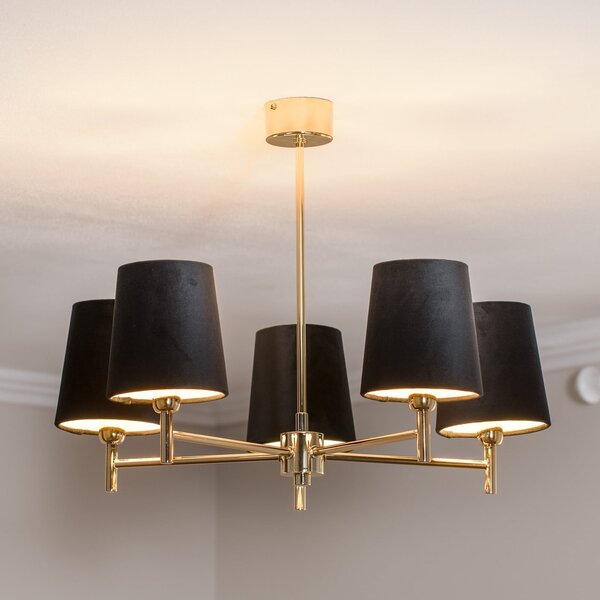 Euluna Candelabru Nita, negru/auriu, 5 becuri, reglabil, Auriu / Alamă, Camera de zi / sufragerie, Țesătură / Textil, Modern, Pandantiv cu flacără multiplă